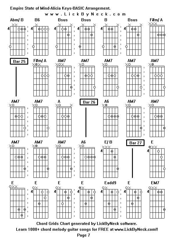 Chord Grids Chart of chord melody fingerstyle guitar song-Empire State of Mind-Alicia Keys-BASIC Arrangement,generated by LickByNeck software.